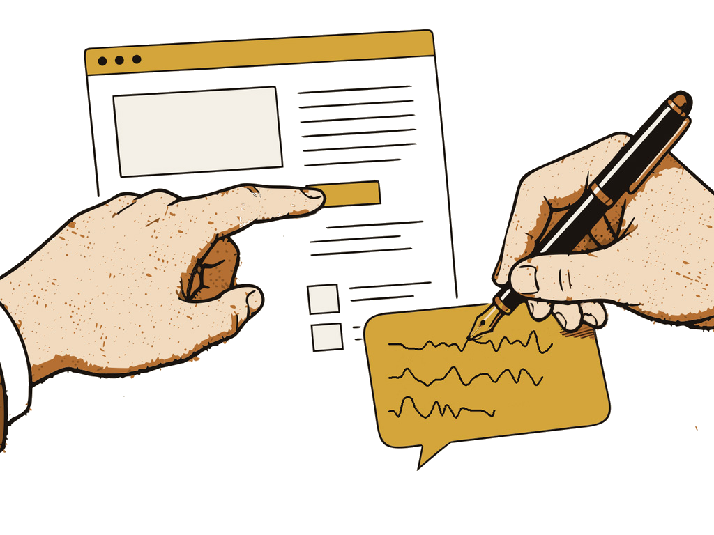 One hand pointing at a webpage button while another hand writes notes on a card